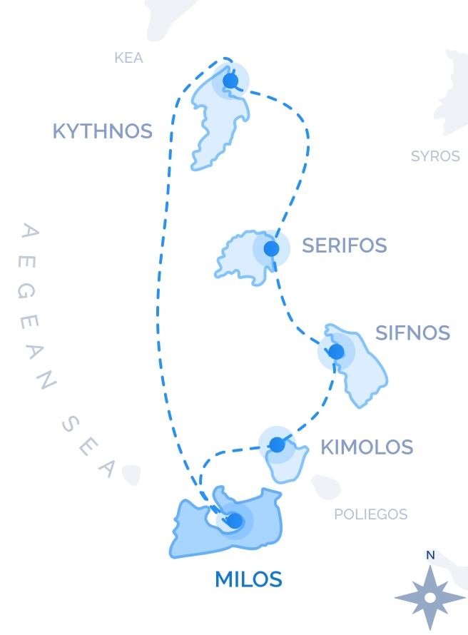 Western Cyclades Cruise route map from Milos: Kimolos, Sifnos, Serifos and Kythnos