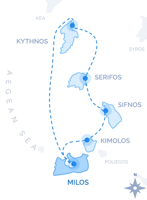 Western Cyclades Cruise route map from Milos: Kimolos, Sifnos, Serifos and Kythnos