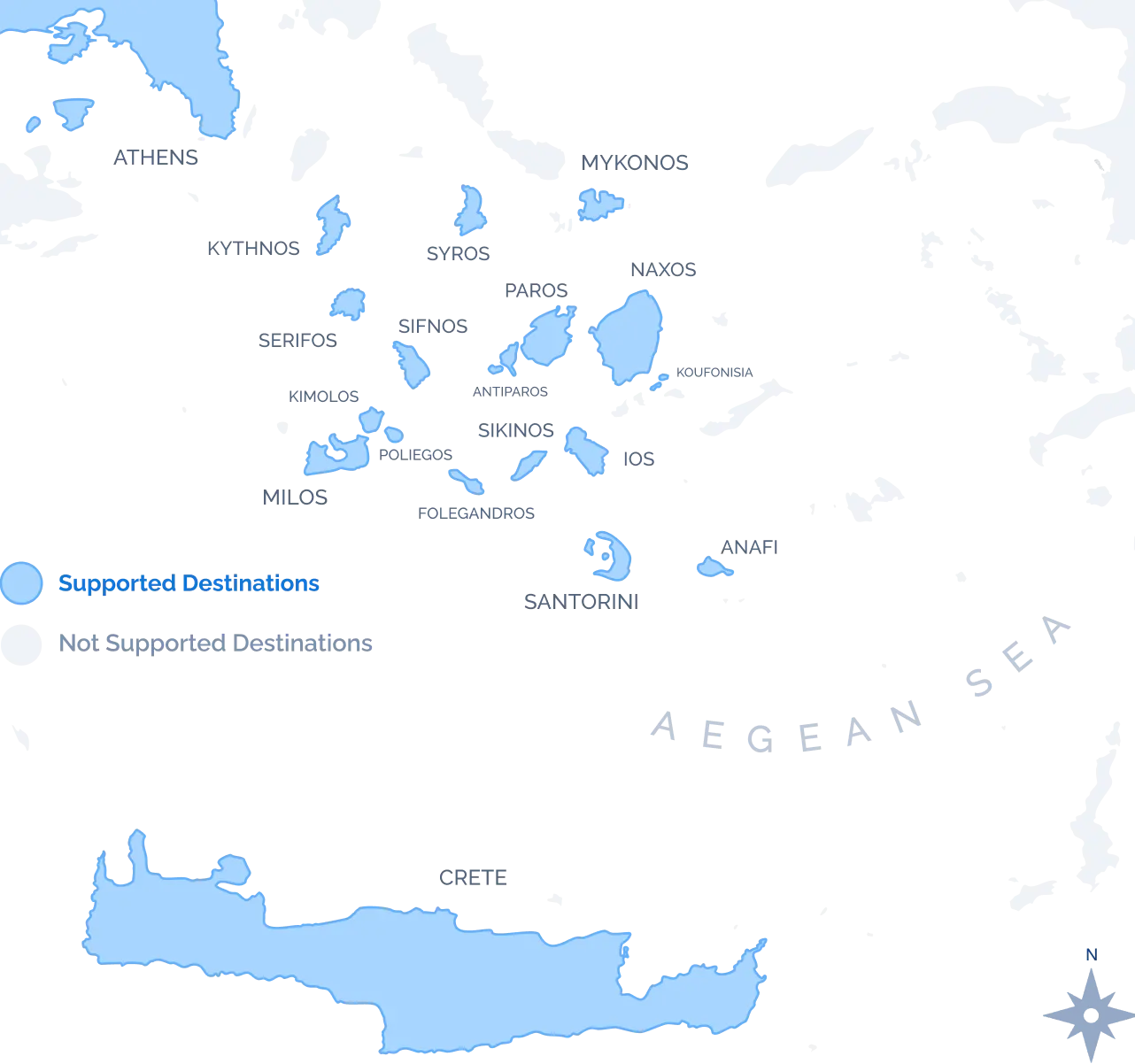 Navy Blue sea transfer route map of the Aegean Sea with supported destinations including Milos, Santorini, Mykonos, Paros, and Crete
