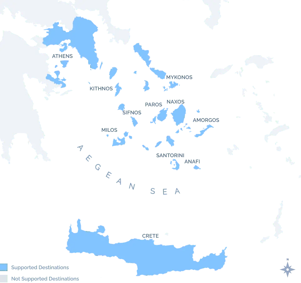 Navy Blue sea transfer route map of the Aegean Sea with supported destinations including Milos, Santorini, Mykonos, Paros, and Crete
