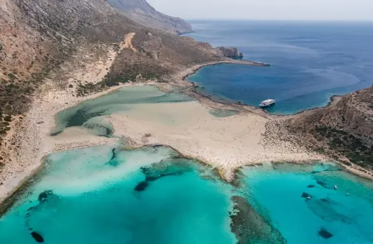 Balos lagoon on the northwest coast of Crete, shallow turquoise water between sandbars and cliffs