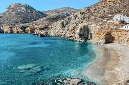 Steep cliffs and a cave opening above a pebble beach and clear blue water on Folegandros