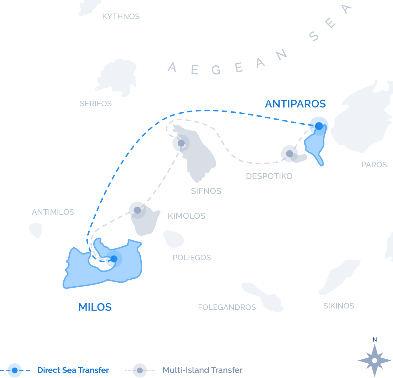 Navy Blue route map of the Direct Sea Transfer between Milos and Antiparos, a single nonstop crossing