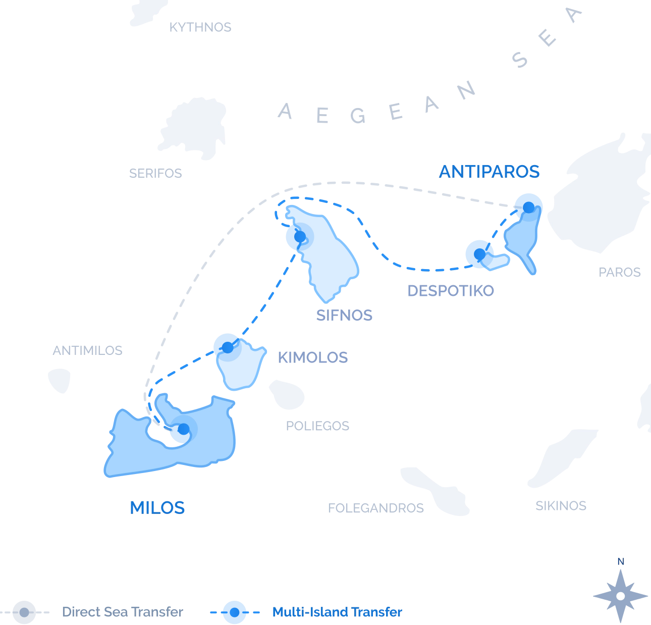 Route map of the Navy Blue Multi-Island Transfer between Milos and Antiparos, with stops at Kimolos, Sifnos and Despotiko.
