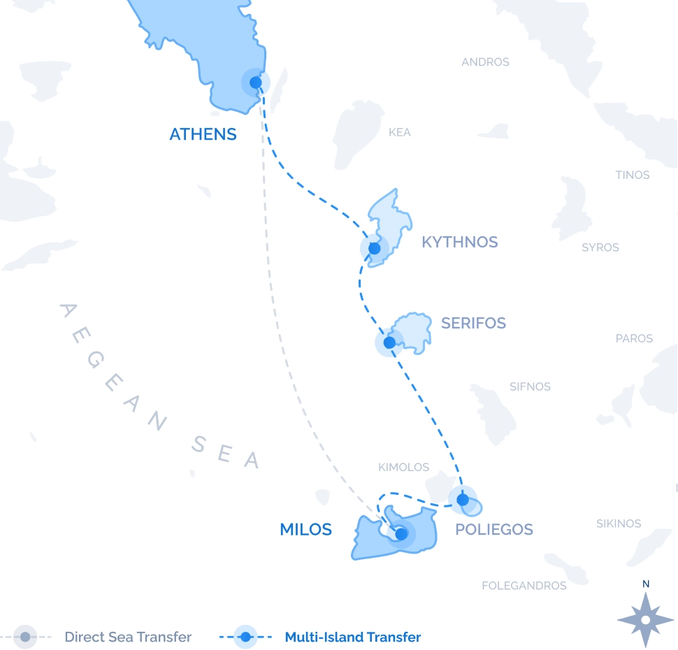 Route map of the Navy Blue Multi-Island Transfer between Milos and Athens passing by Serifos, Kythnos and Kea.