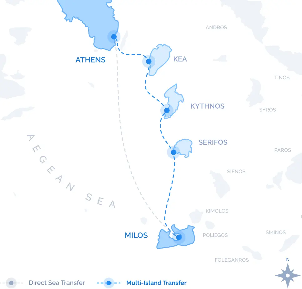 Route map of the Milos to Athens Multi-Island Transfer with stops at Serifos, Kythnos, and Kea across the Cyclades.