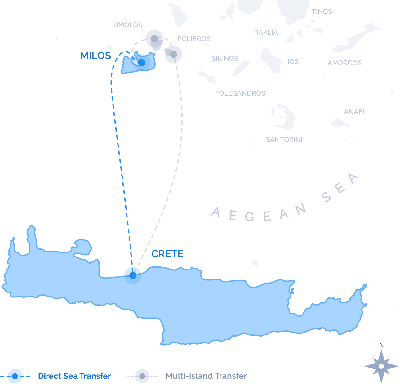 Navy Blue route map of the Direct Sea Transfer between Milos and Crete, a single nonstop crossing