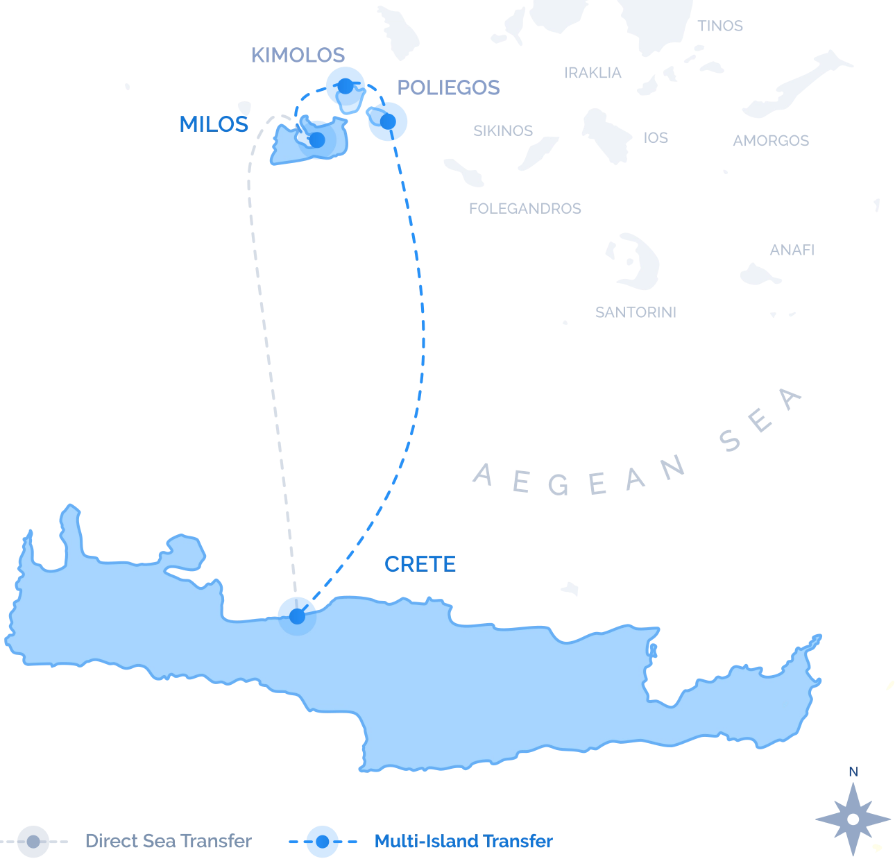 Route map of the Navy Blue Multi-Island Transfer between Milos and Crete, with stops at Kimolos Poliegos on the way.