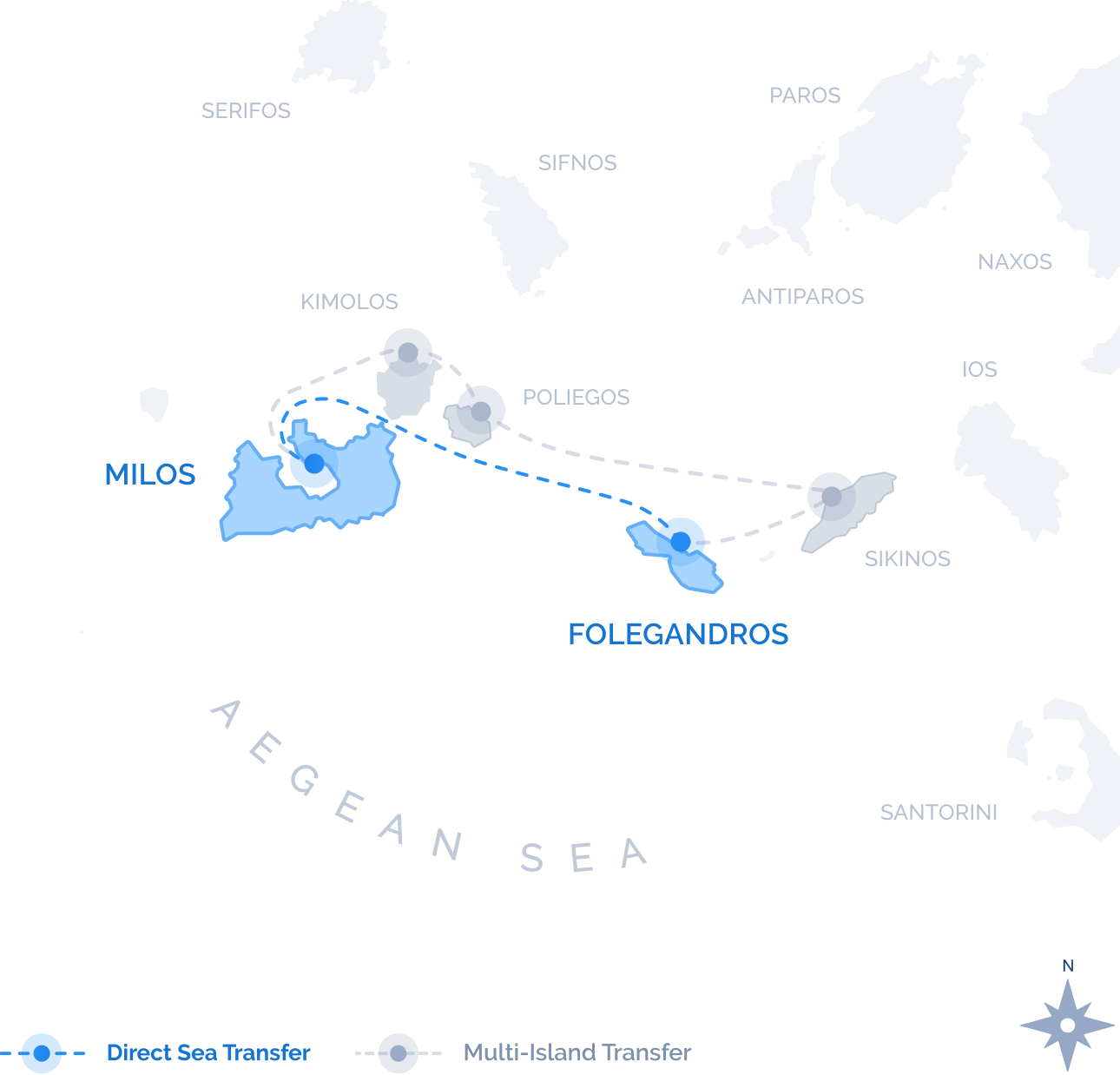 Navy Blue route map of the Direct Sea Transfer between Milos and Folegandros, a single nonstop crossing