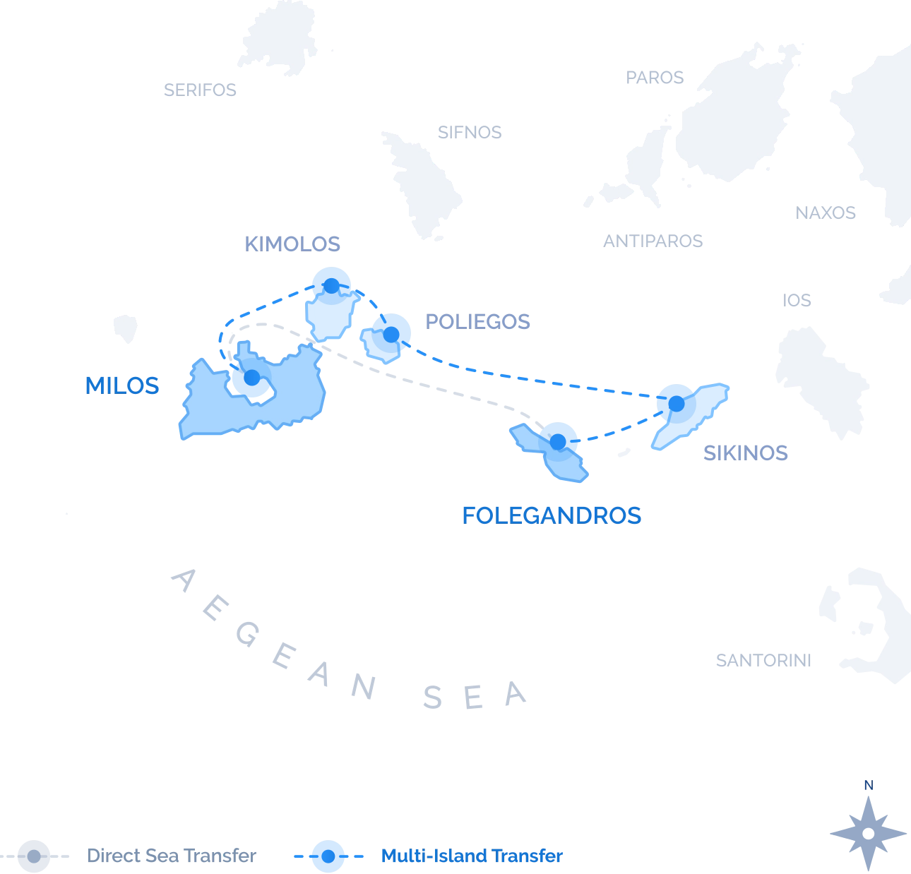 Route map of the scenic Multi-Island Transfer between Milos and Folegandros, with swim stops on the way, by Navy Blue