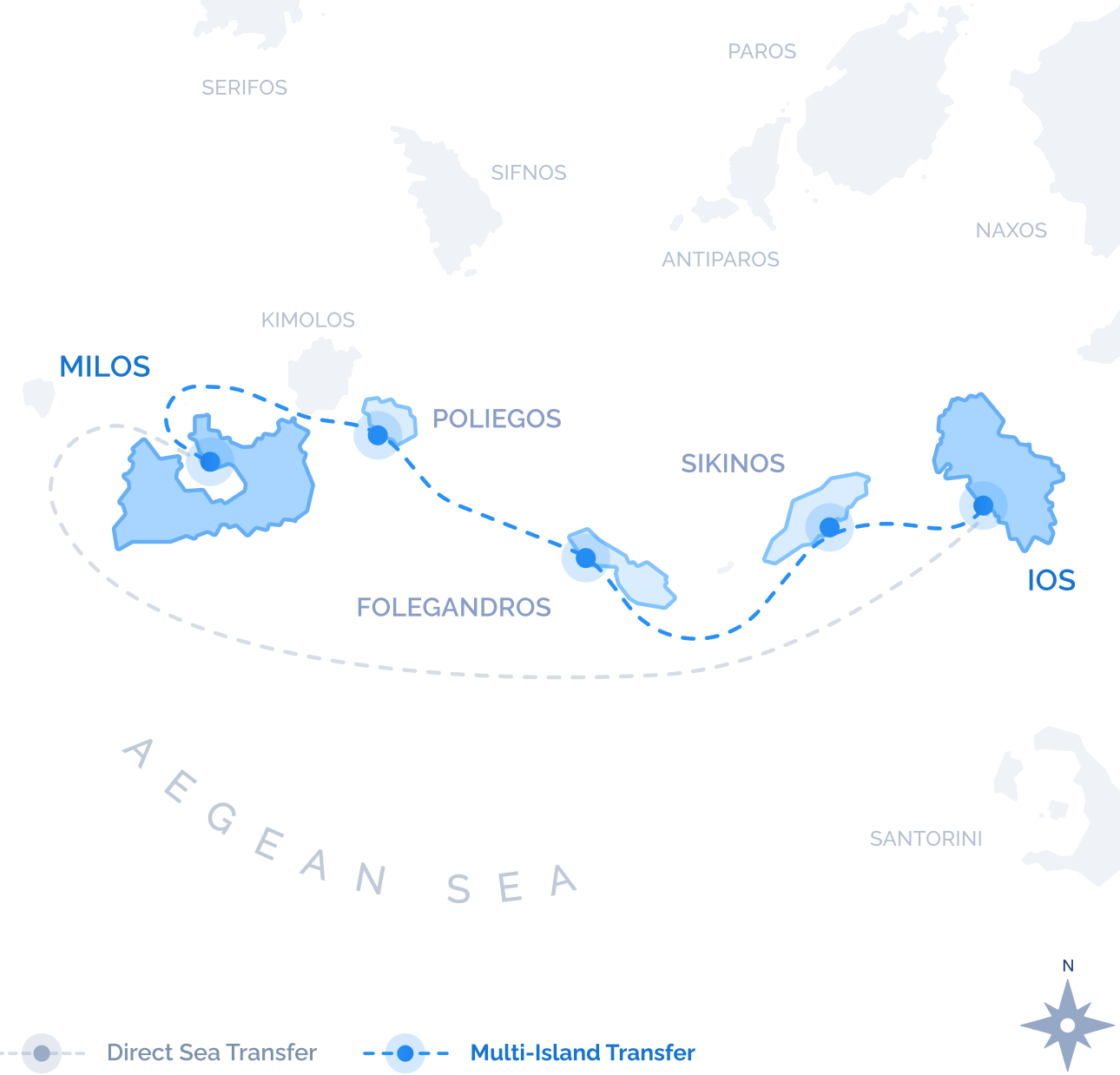 Route map of the scenic Multi-Island Transfer between Milos and Ios, with swim stops on the way, by Navy Blue