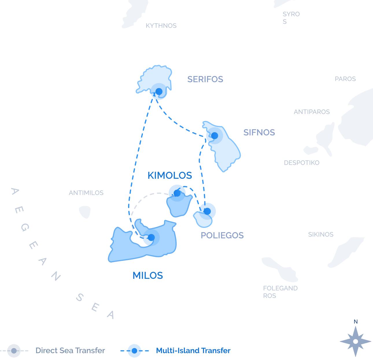 Route map of the scenic Multi-Island Transfer between Milos and Kimolos, with swim stops on the way, by Navy Blue