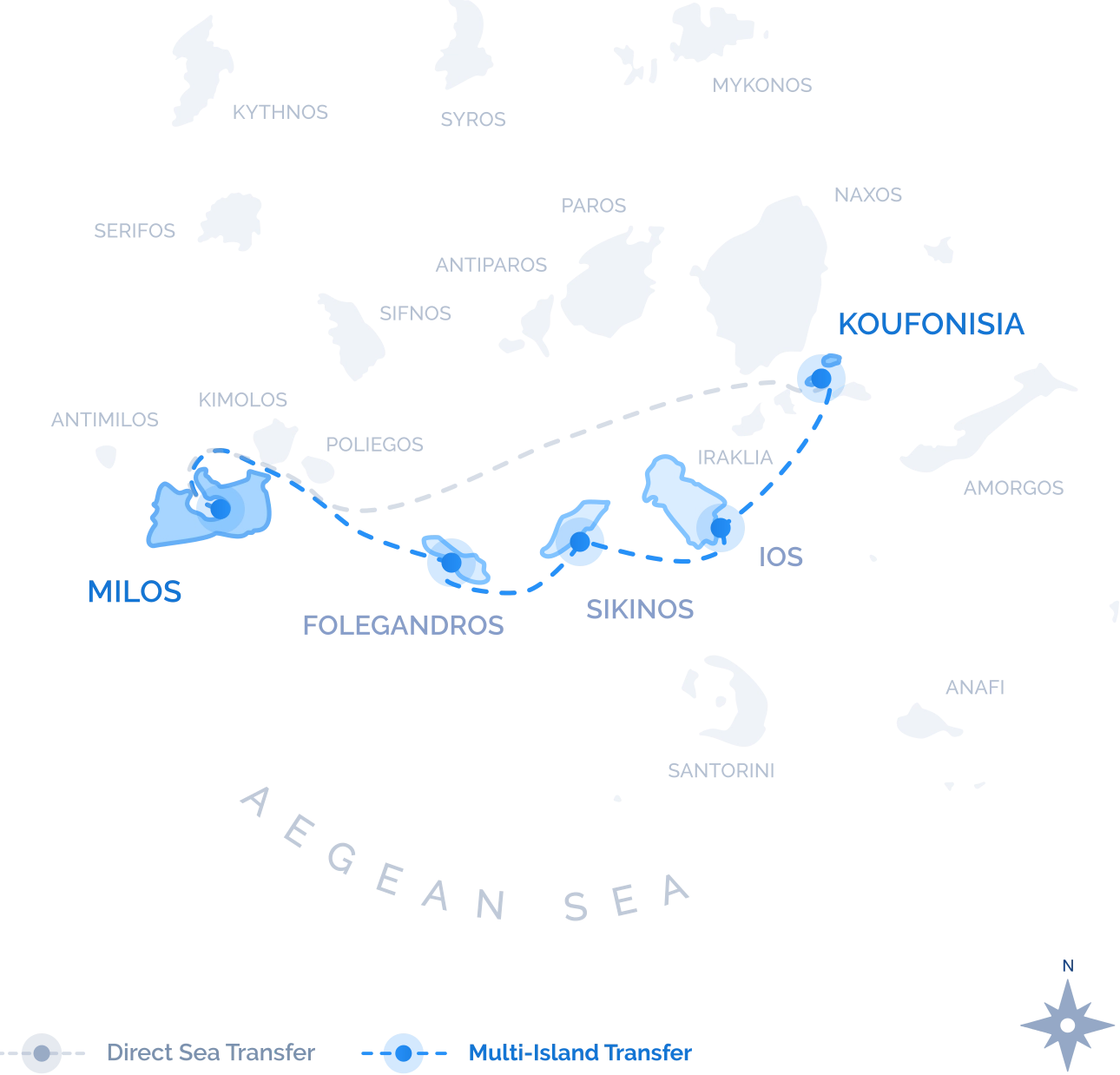 Route map of the scenic Multi-Island Transfer between Milos and Koufonisia, with swim stops on the way, by Navy Blue