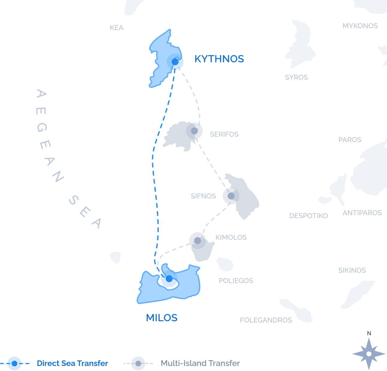 Navy Blue route map of the Direct Sea Transfer between Milos and Kythnos, a single nonstop crossing