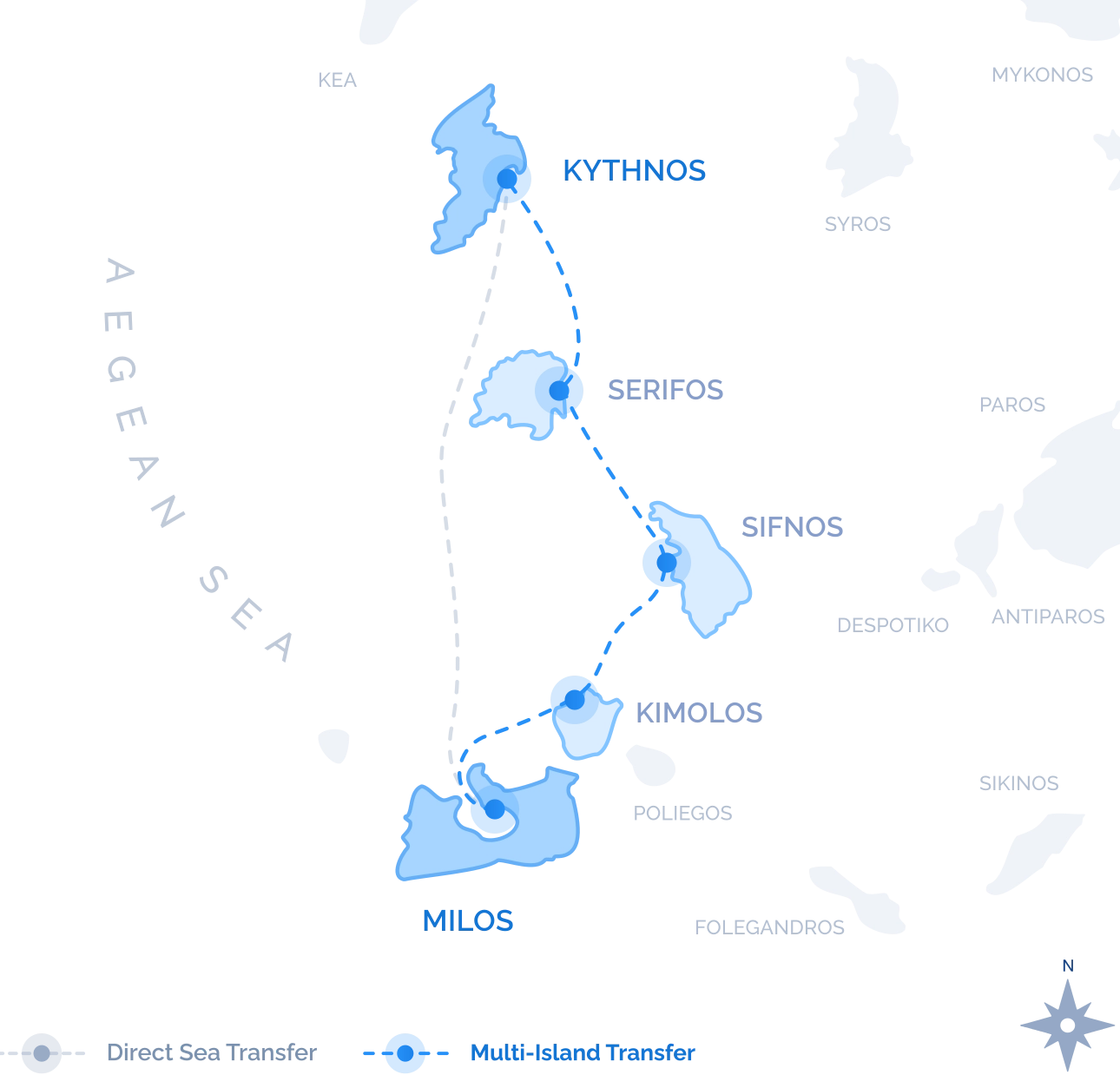 Route map of the scenic Multi-Island Transfer between Milos and Kythnos, with swim stops on the way, by Navy Blue