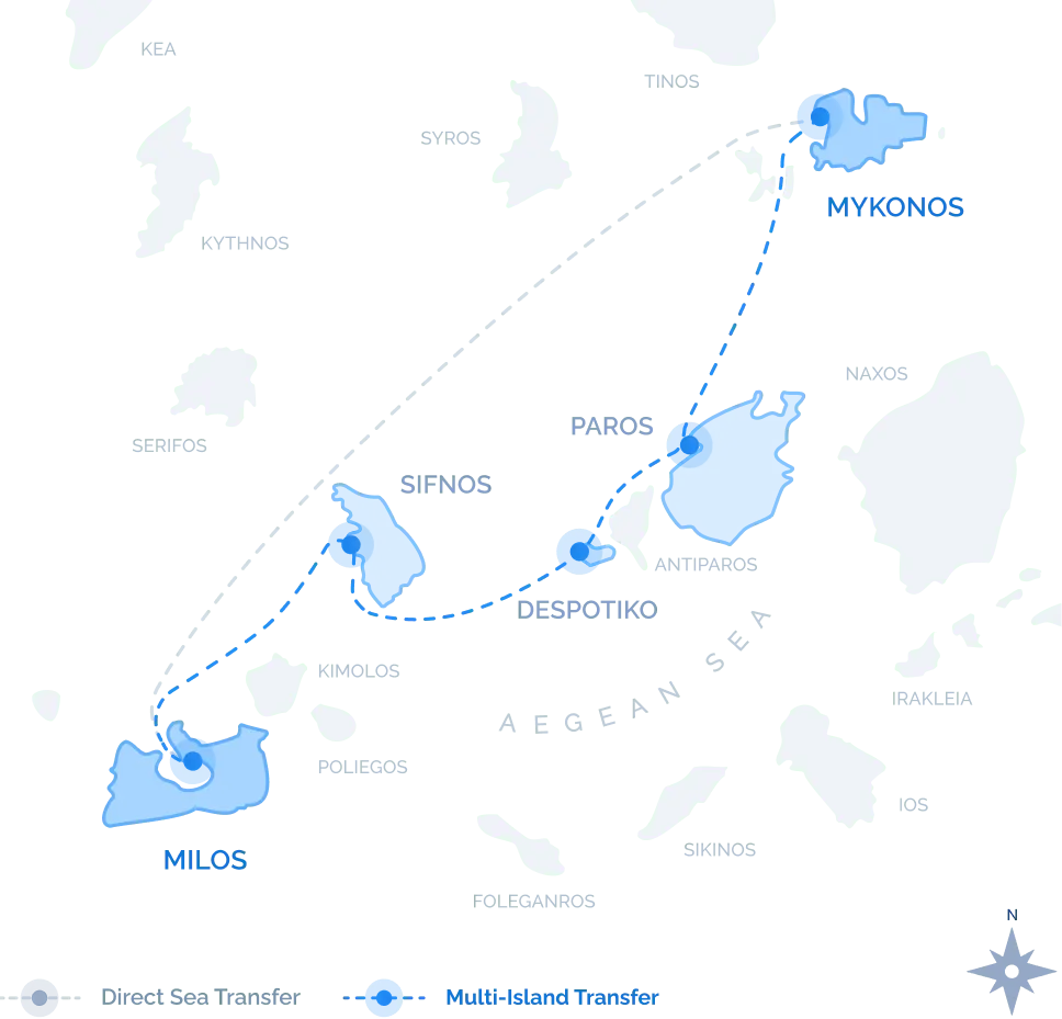 Route map of the Milos to Mykonos Multi-Island Transfer with stops at Sifnos, Despotiko, and Paros across the Cyclades.
