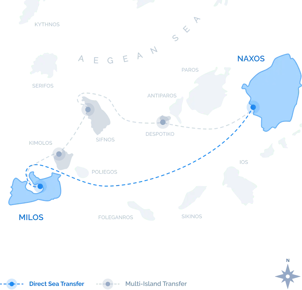 Map of the Direct Sea Transfer route from Milos to Naxos across the Cyclades, with no stops along the way