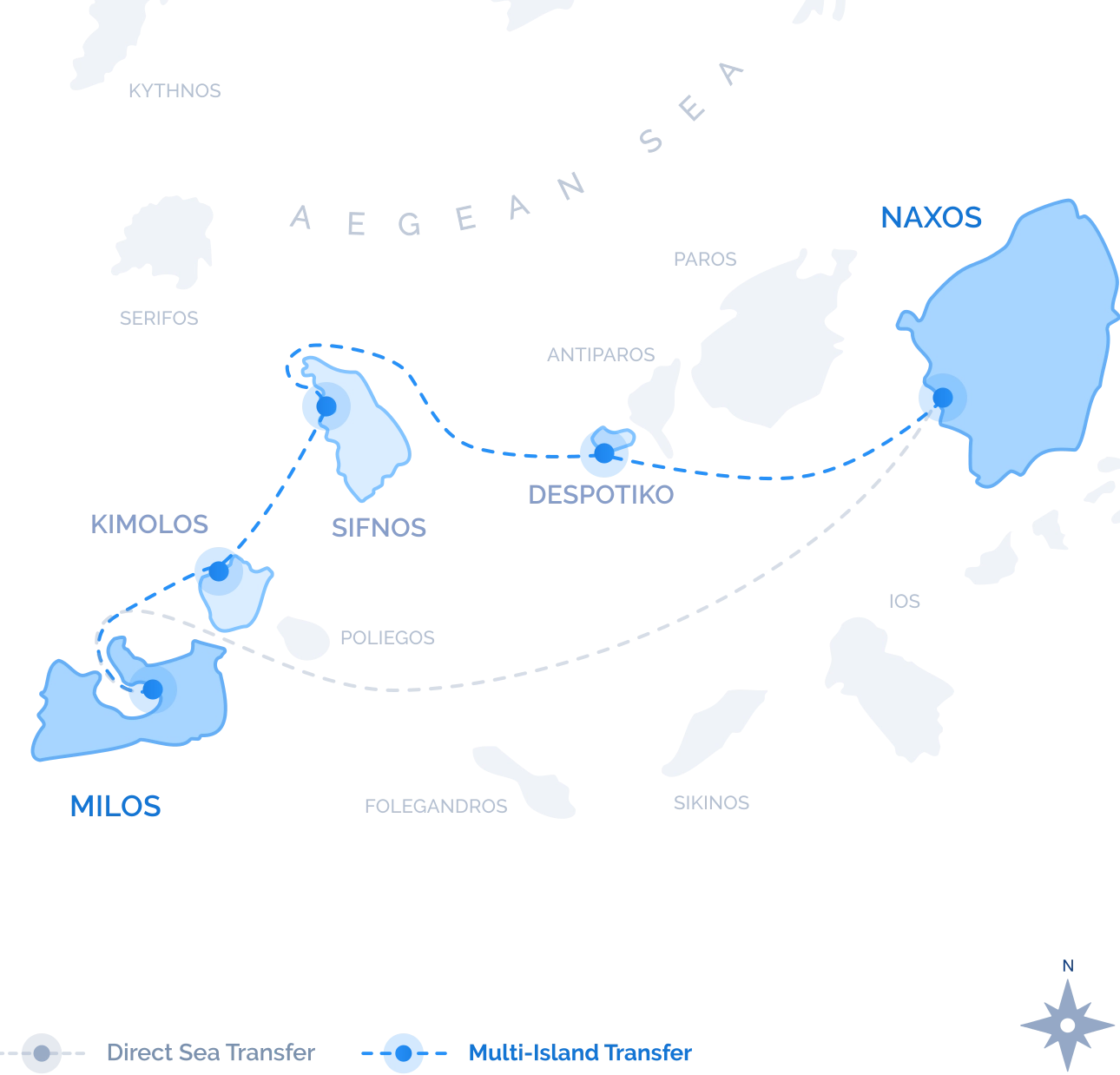 Route map of the scenic Multi-Island Transfer between Milos and Naxos, with swim stops on the way, by Navy Blue