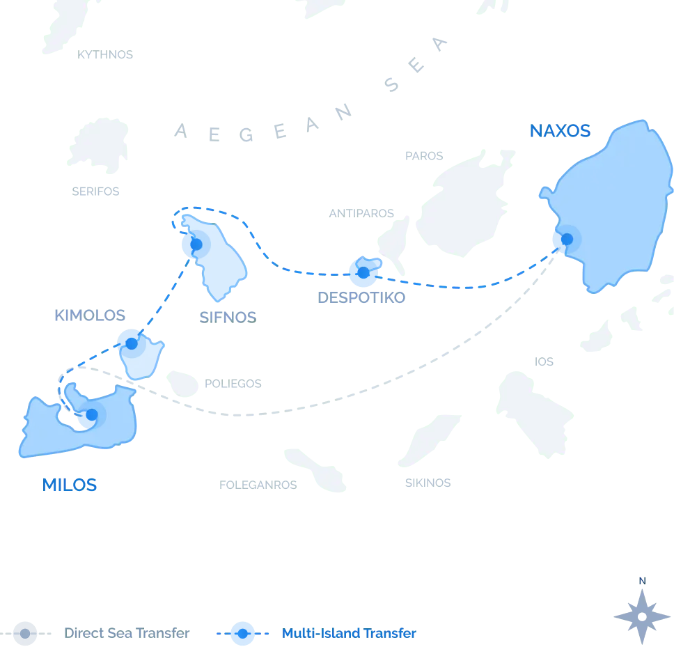 Route map of the Milos to Naxos Multi-Island Transfer with stops at Kimolos, Sifnos, and Despotiko across the Cyclades.