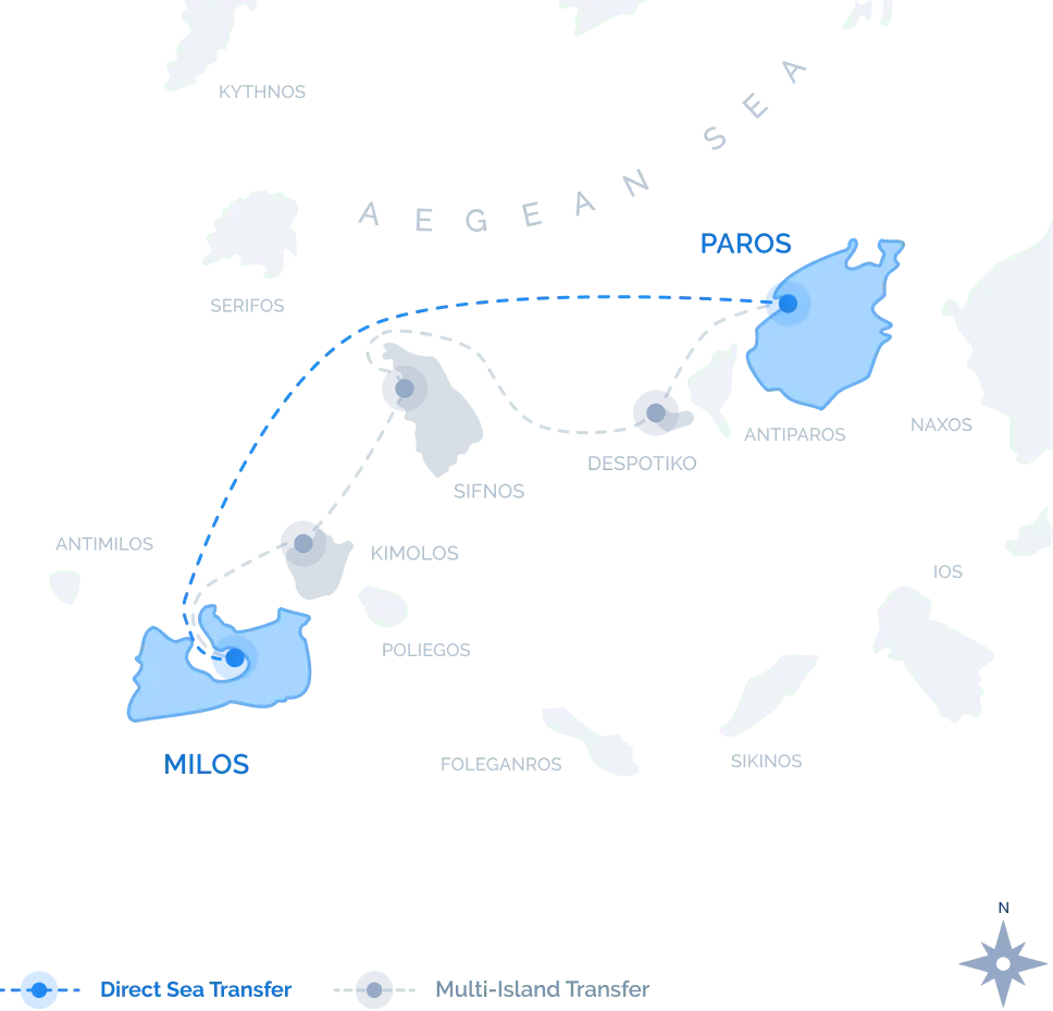 Map of the Milos to Paros Direct Sea Transfer route across the Aegean Sea, with no intermediate stops