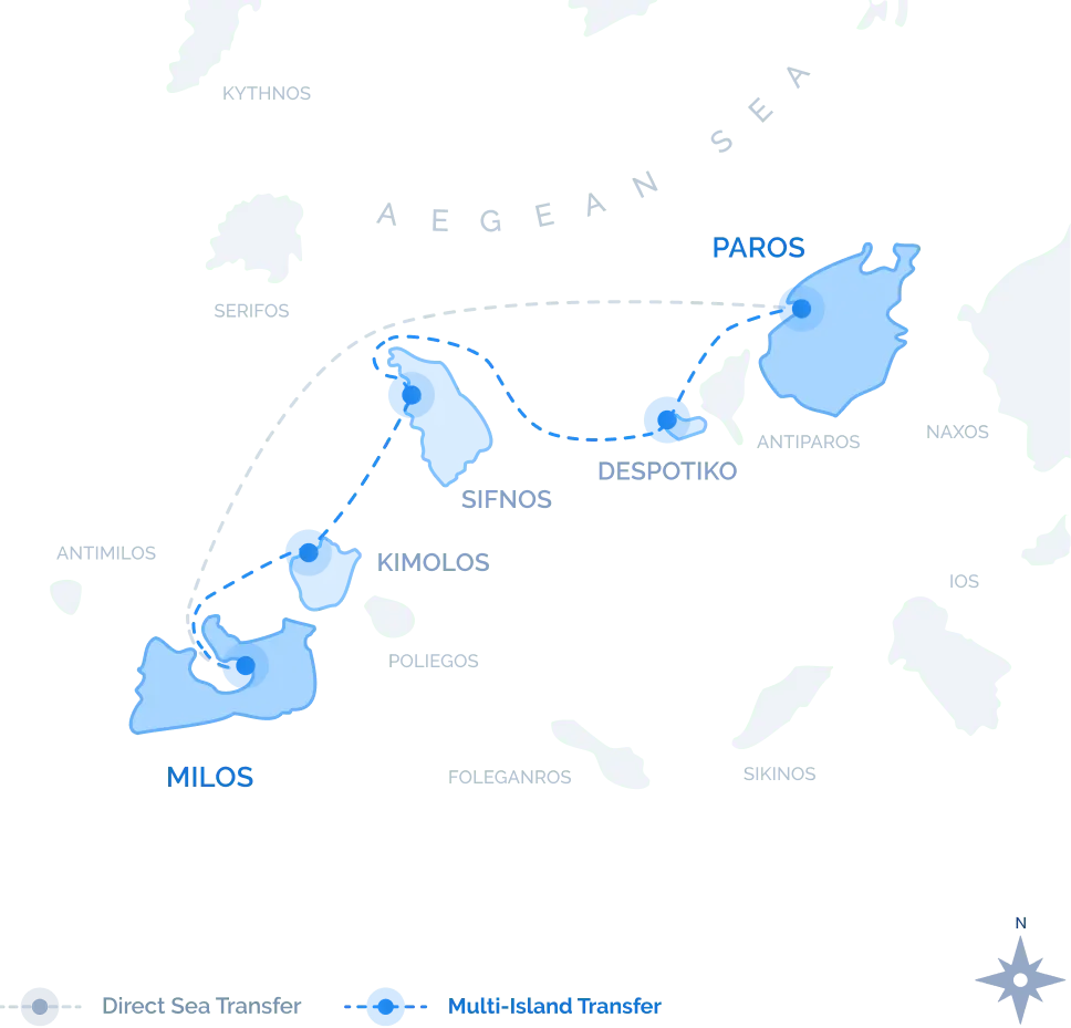 Route map of the Milos to Paros Multi-Island Transfer with stops at Kimolos, Sifnos, and Despotiko across the Cyclades.