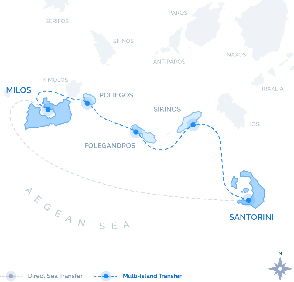 Navy Blue multi-island sea transfer route map from Milos through Poliegos, Folegandros, and Sikinos to Santorini across the Aegean Sea