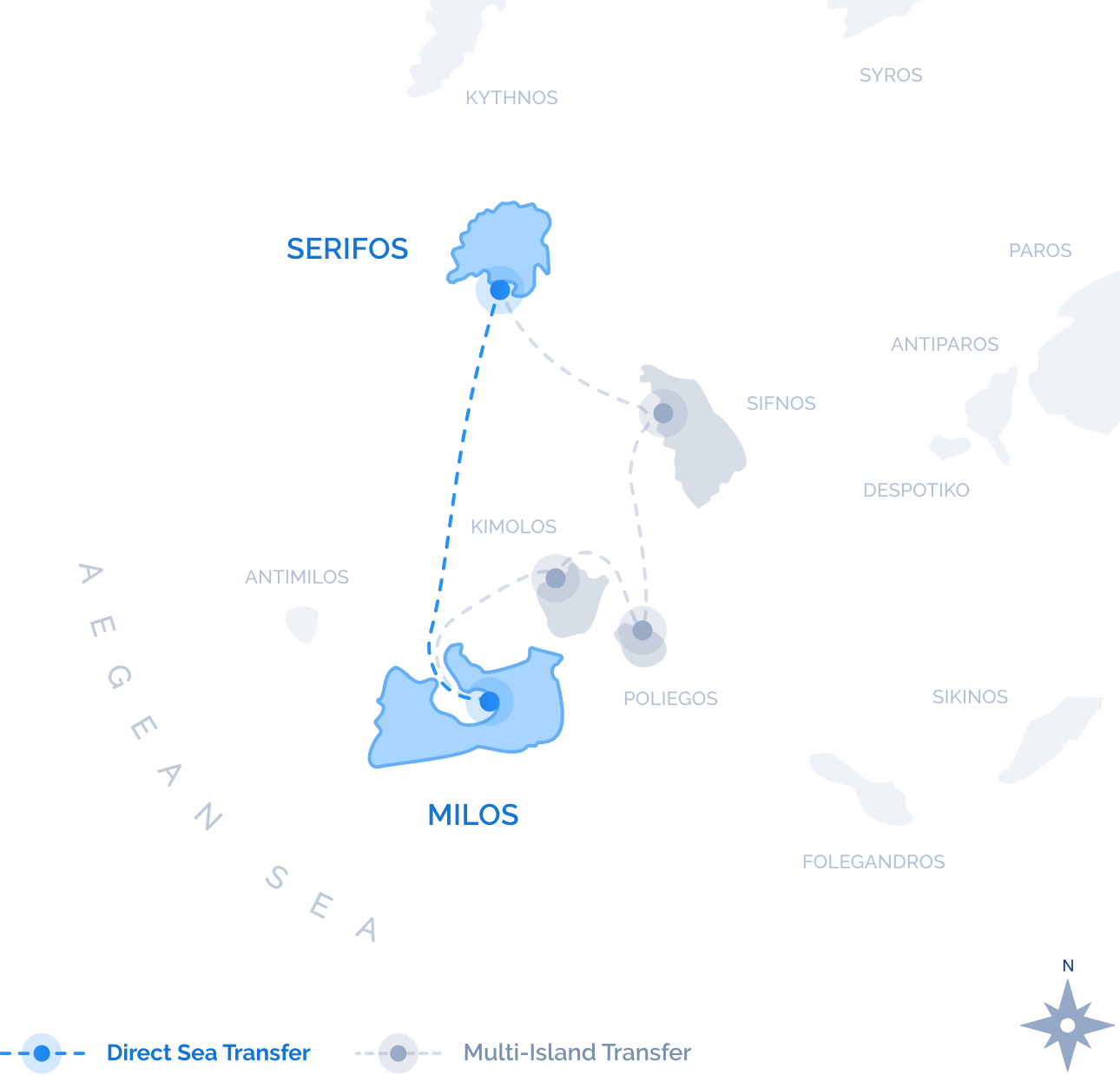 Navy Blue route map of the Direct Sea Transfer between Milos and Serifos, a single nonstop crossing