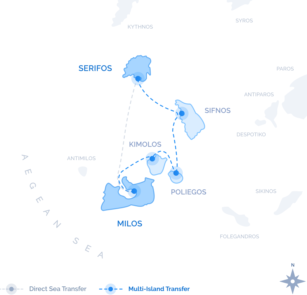 Route map of the scenic Multi-Island Transfer between Milos and Serifos, with swim stops on the way, by Navy Blue
