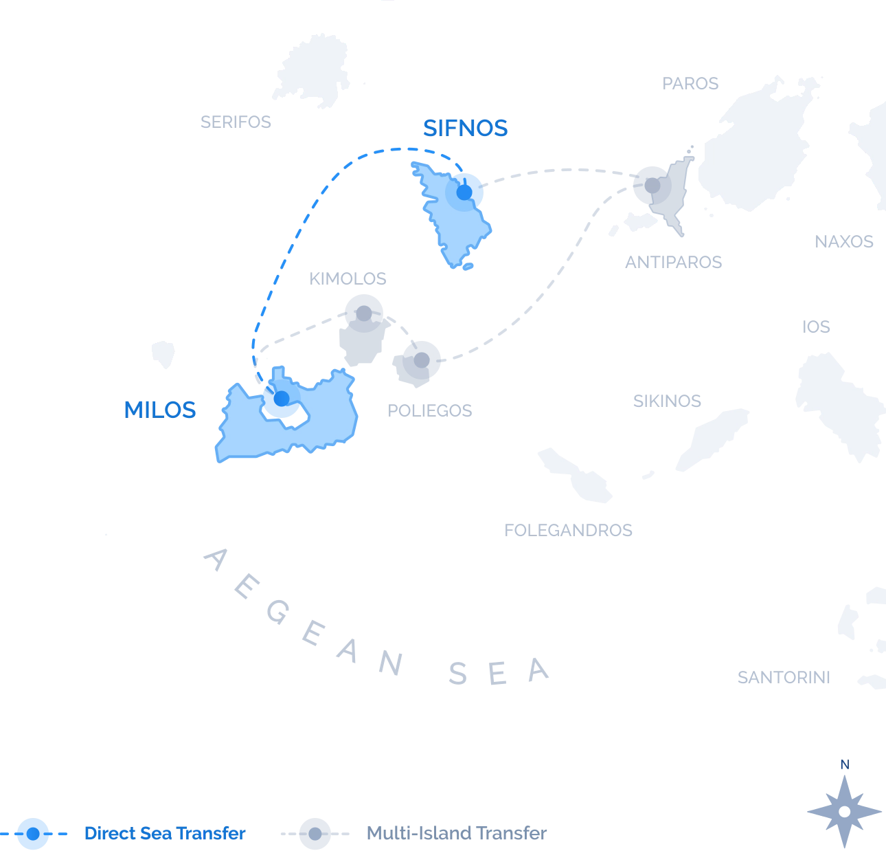 Route map of the Direct Sea Transfer between Milos and Sifnos, the fastest crossing across the Aegean, by Navy Blue
