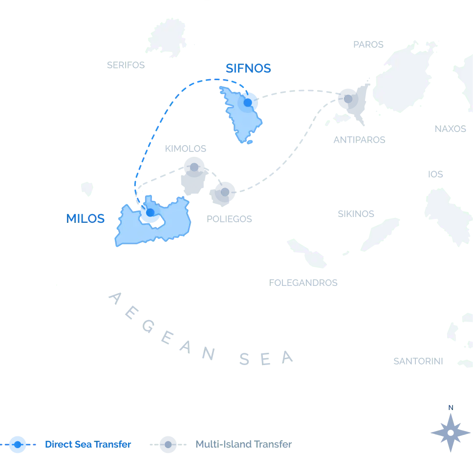 Route map of the Milos to Sifnos Multi-Island Transfer with stops at Kimolos, Polyegos, and Antiparos, by Navy Blue.