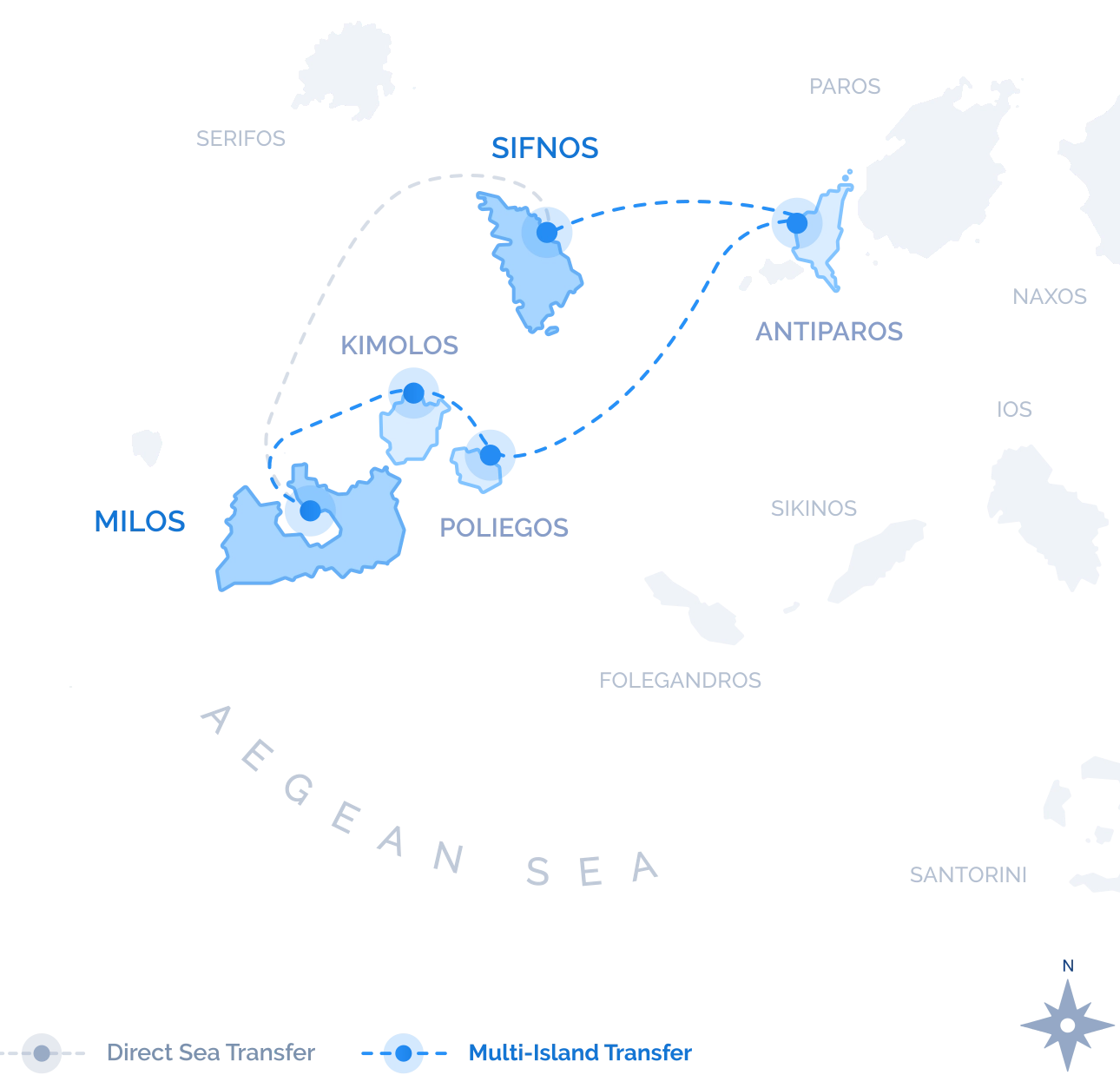 Route map of the Multi-Island Transfer between Milos and Sifnos, the scenic route with swim stops, by Navy Blue