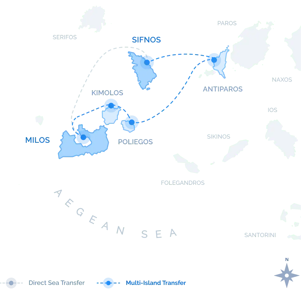 Route map of the Milos to Sifnos Multi-Island Transfer with stops at Kimolos, Poliegos, and Antiparos, by Navy Blue.