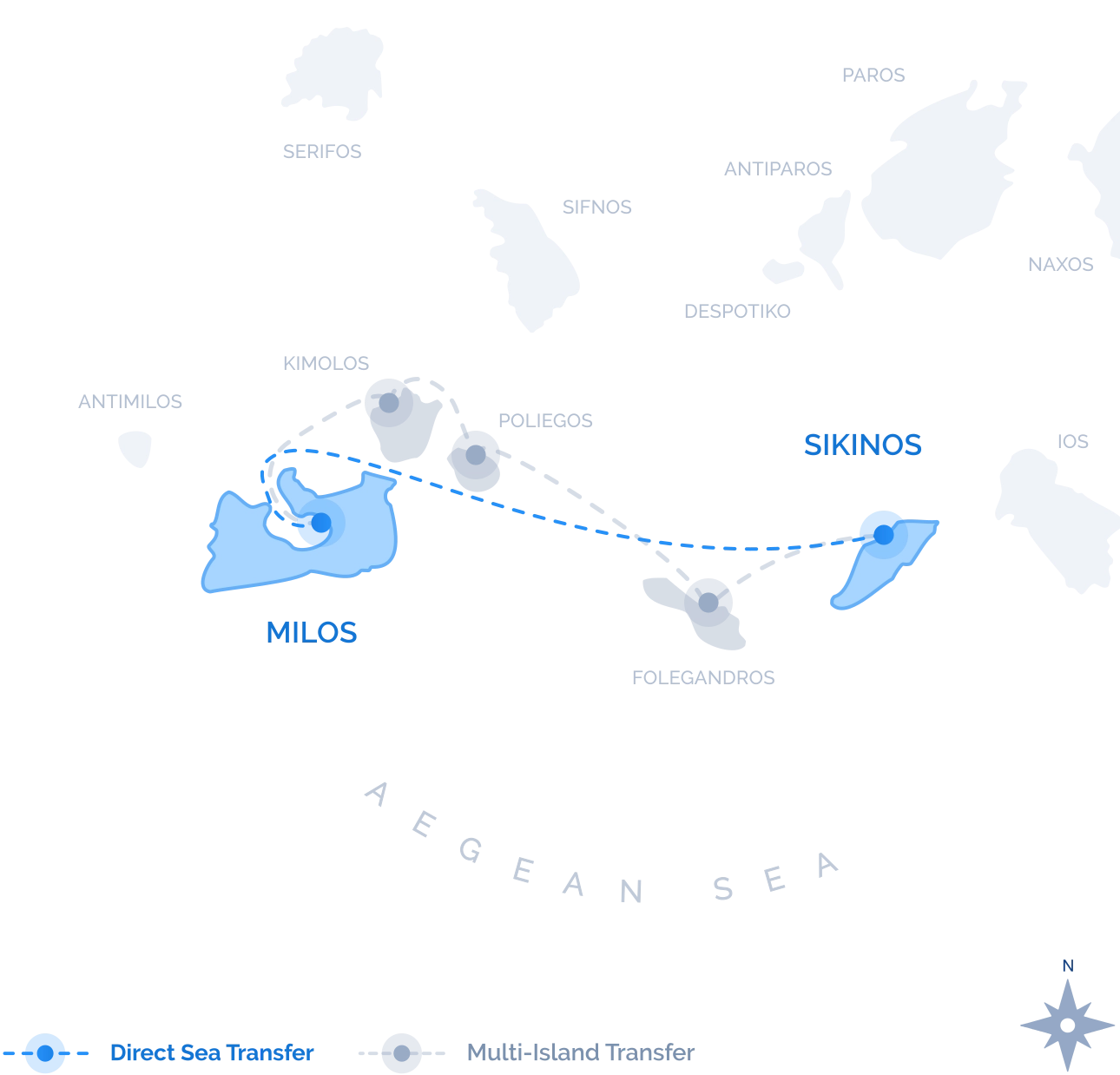 Navy Blue route map of the Direct Sea Transfer between Milos and Sikinos, a single nonstop crossing