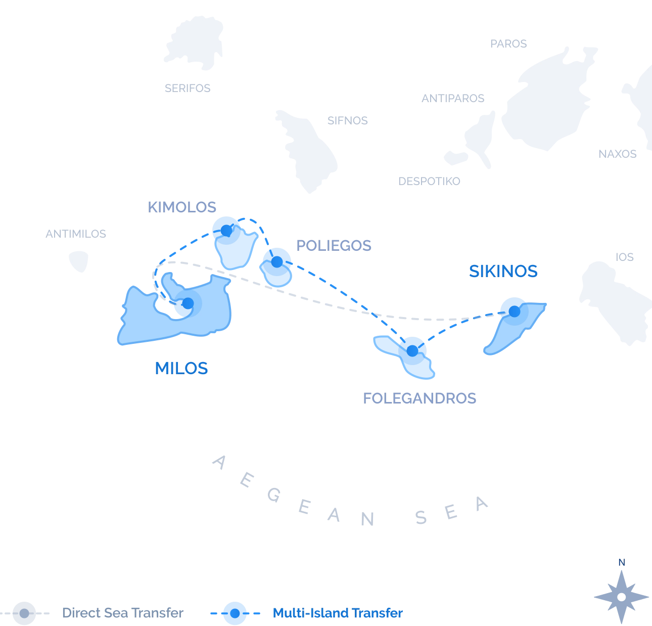 Route map of the scenic Multi-Island Transfer between Milos and Sikinos, with swim stops on the way, by Navy Blue