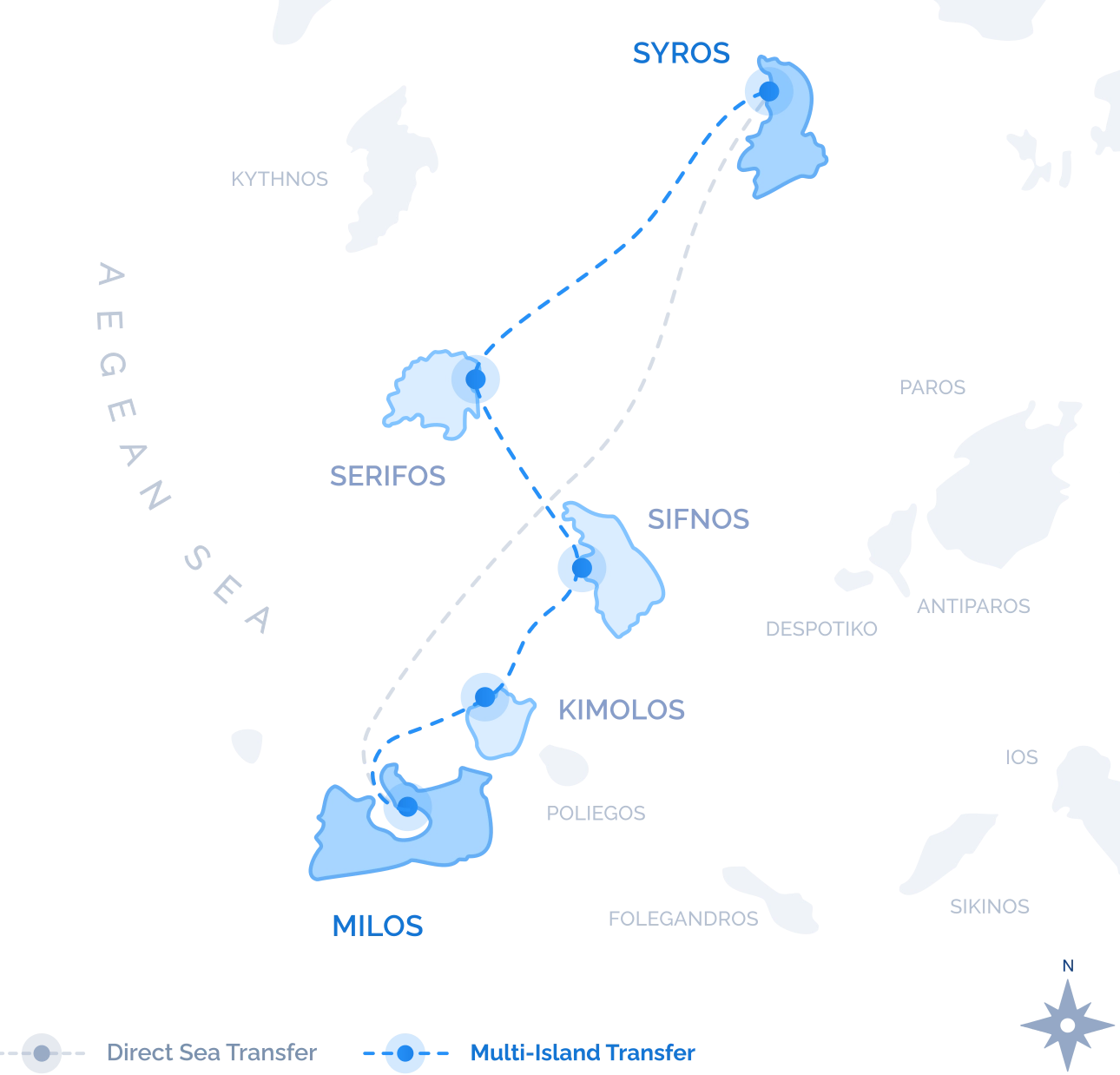 Route map of the scenic Multi-Island Transfer between Milos and Syros, with swim stops on the way, by Navy Blue
