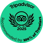 Navy Blue Tripadvisor 2025 badge, Recommended by 100% of Travelers